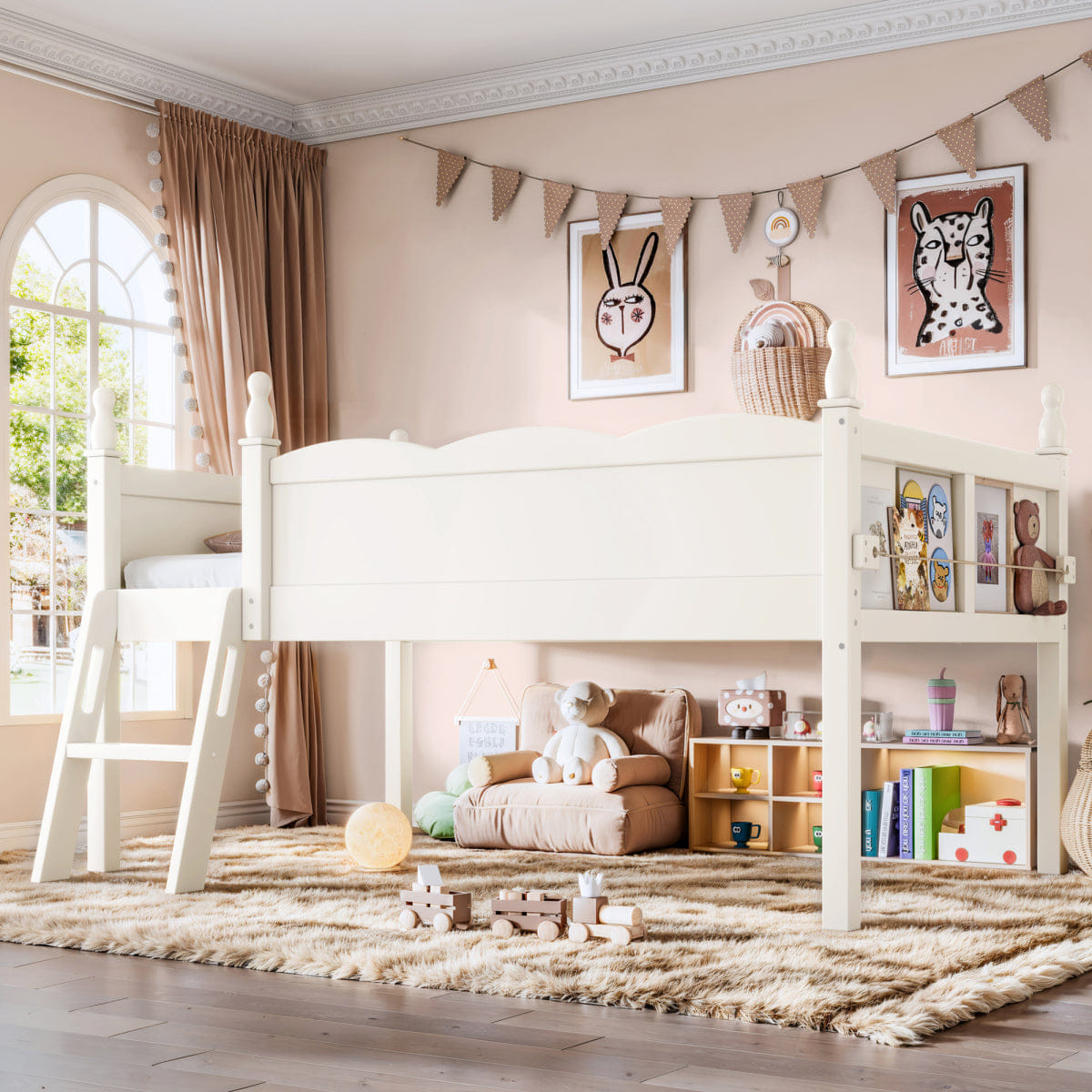 WOOD Streamdale Twin Wood Loft Bed with Guardrails, Ladder & Bookshelf, Beige