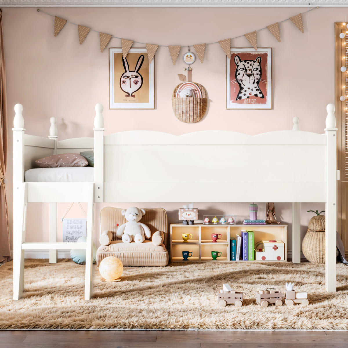 WOOD Streamdale Twin Wood Loft Bed with Guardrails, Ladder & Bookshelf, Beige