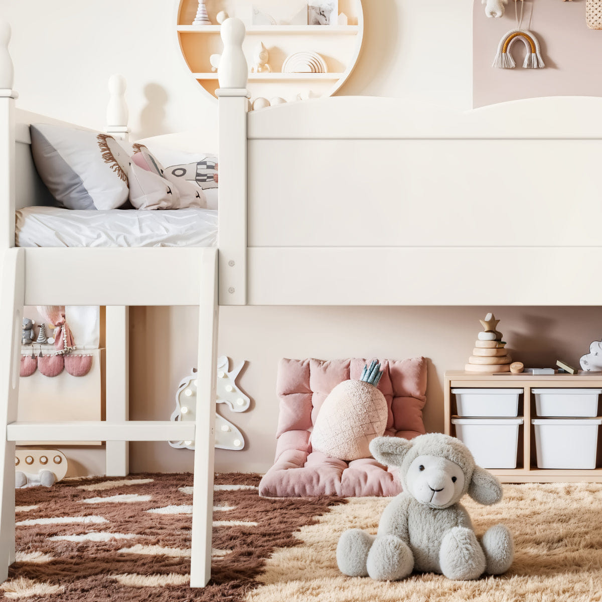 WOOD Streamdale Twin Wood Loft Bed with Guardrails, Ladder & Bookshelf, Beige