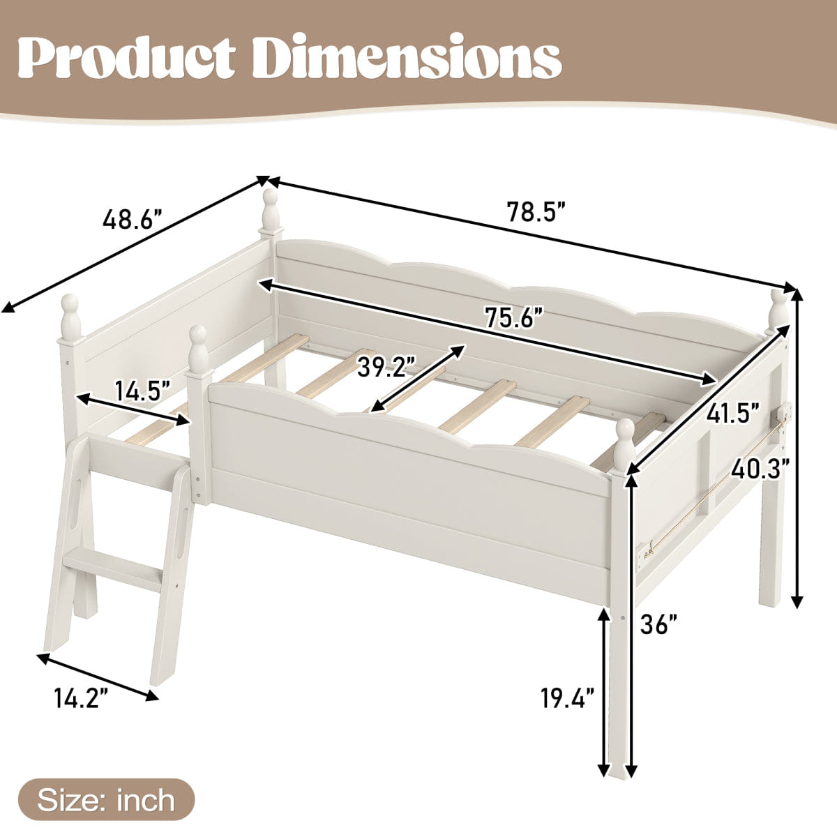 WOOD Streamdale Twin Wood Loft Bed with Guardrails, Ladder & Bookshelf, Beige
