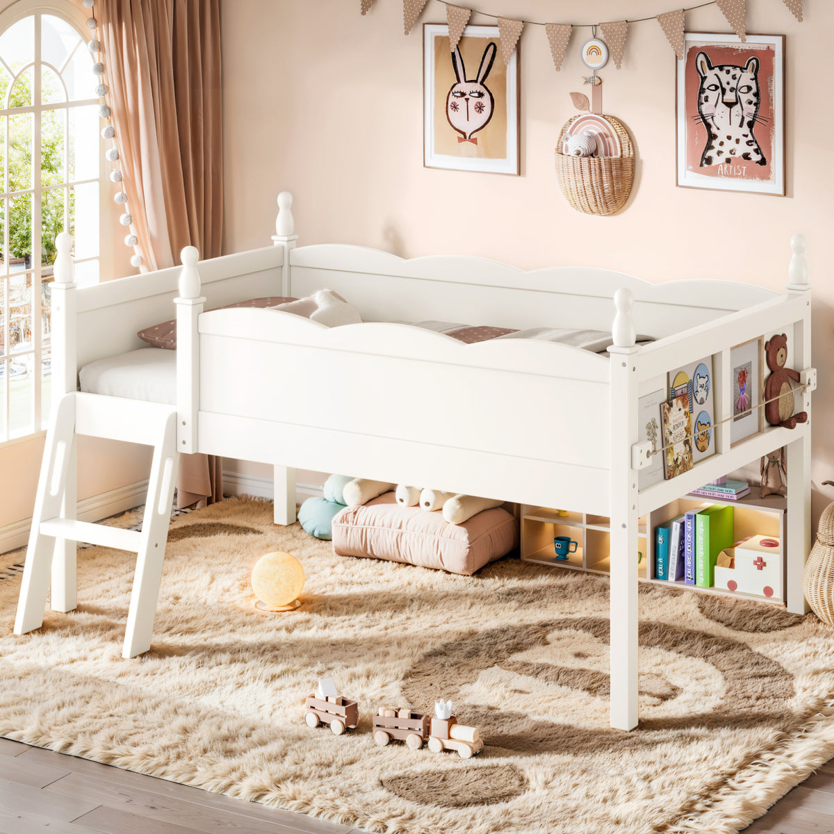 WOOD Streamdale Twin Wood Loft Bed with Guardrails, Ladder & Bookshelf, Beige