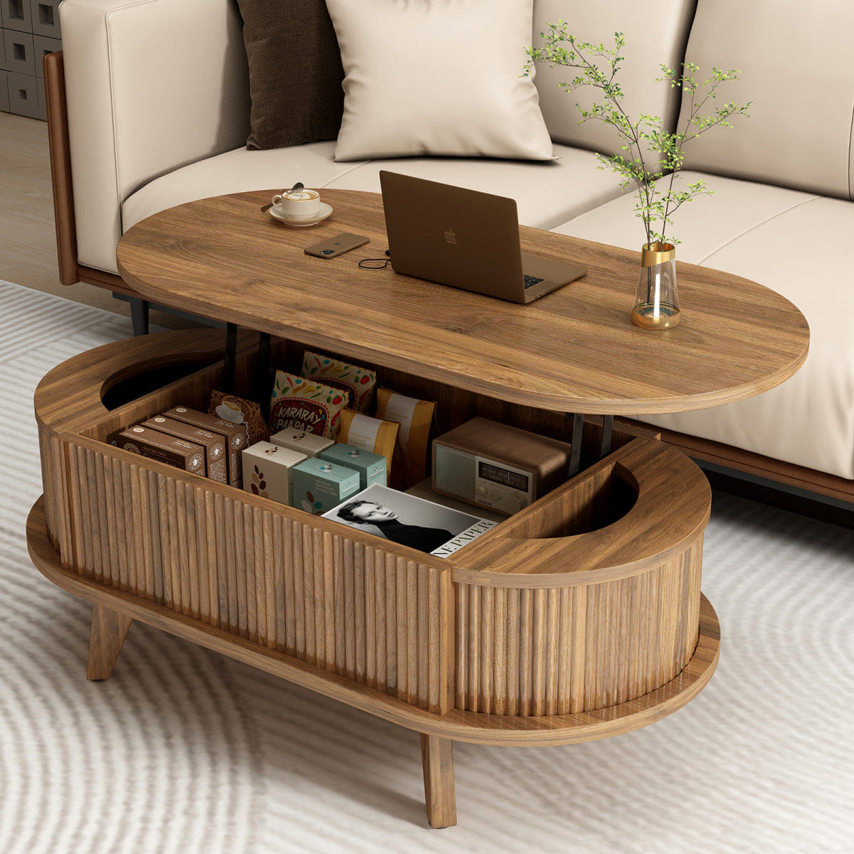 Hidden Streamdale Fluted Lift - Top Coffee Table with Hidden Storage, Walnut