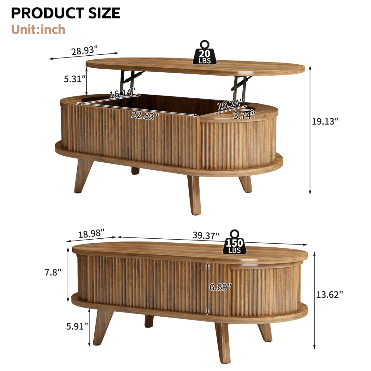 Hidden Streamdale Fluted Lift - Top Coffee Table with Hidden Storage, Walnut