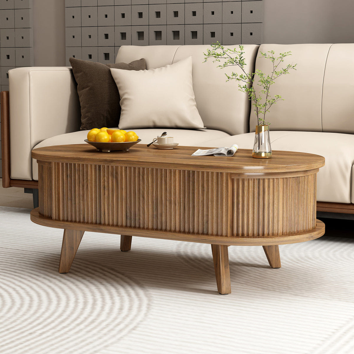 Hidden Streamdale Fluted Lift - Top Coffee Table with Hidden Storage, Walnut