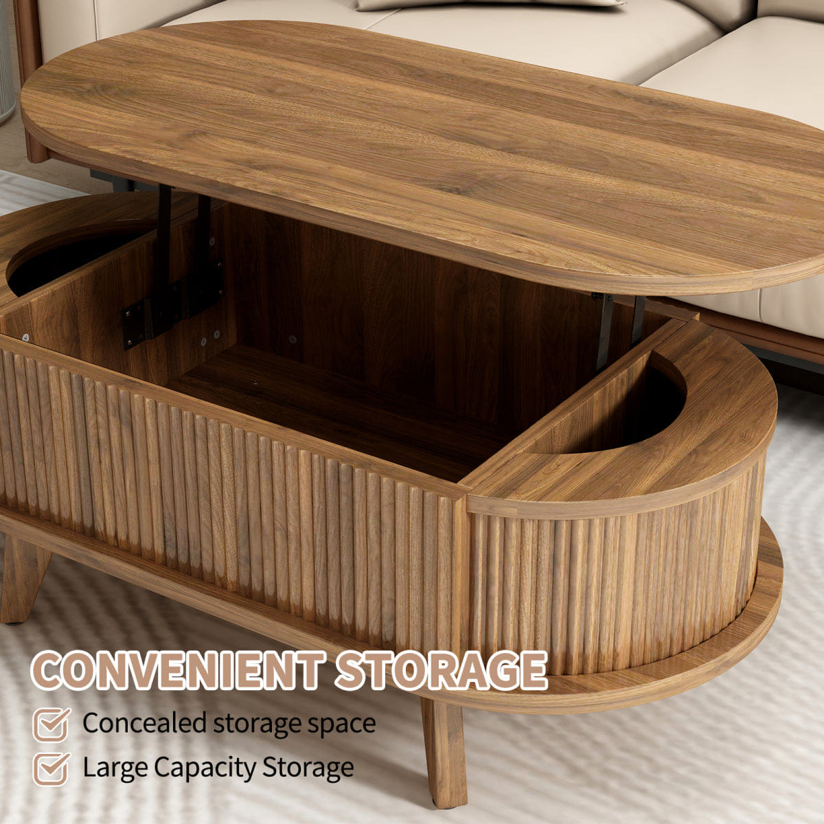 Hidden Streamdale Fluted Lift - Top Coffee Table with Hidden Storage, Walnut