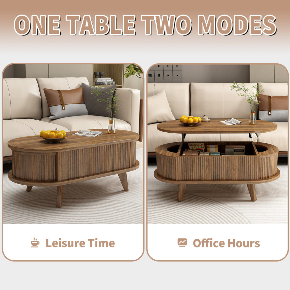 Hidden Streamdale Fluted Lift - Top Coffee Table with Hidden Storage, Walnut
