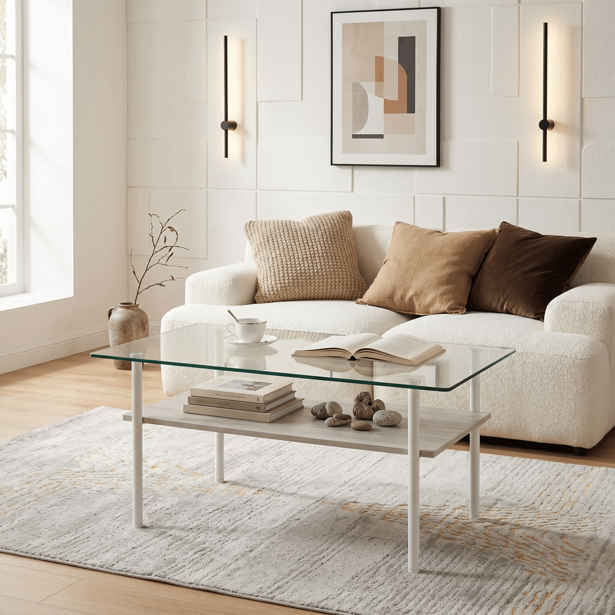 WHITE* Streamdale Modern Glass Coffee Table with Wood Shelf & White Metal Legs