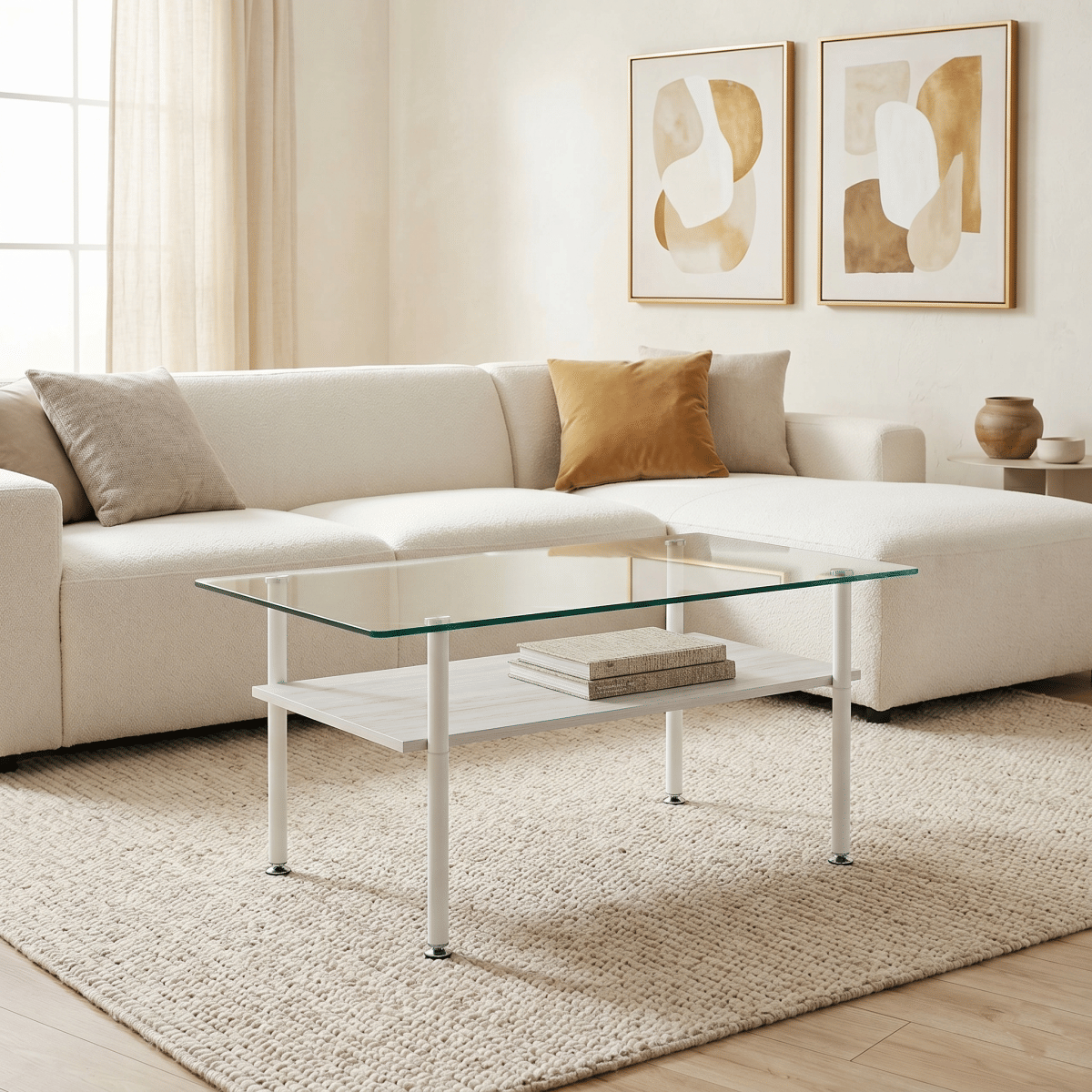 WHITE* Streamdale Modern Glass Coffee Table with Wood Shelf & White Metal Legs