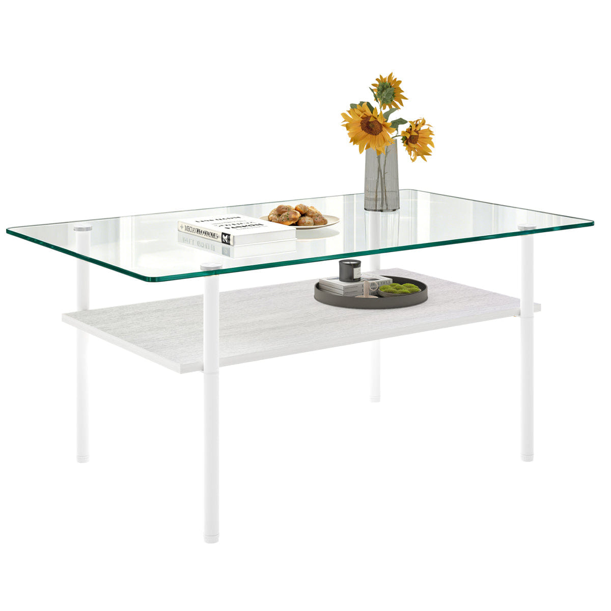 WHITE* Streamdale Modern Glass Coffee Table with Wood Shelf & White Metal Legs