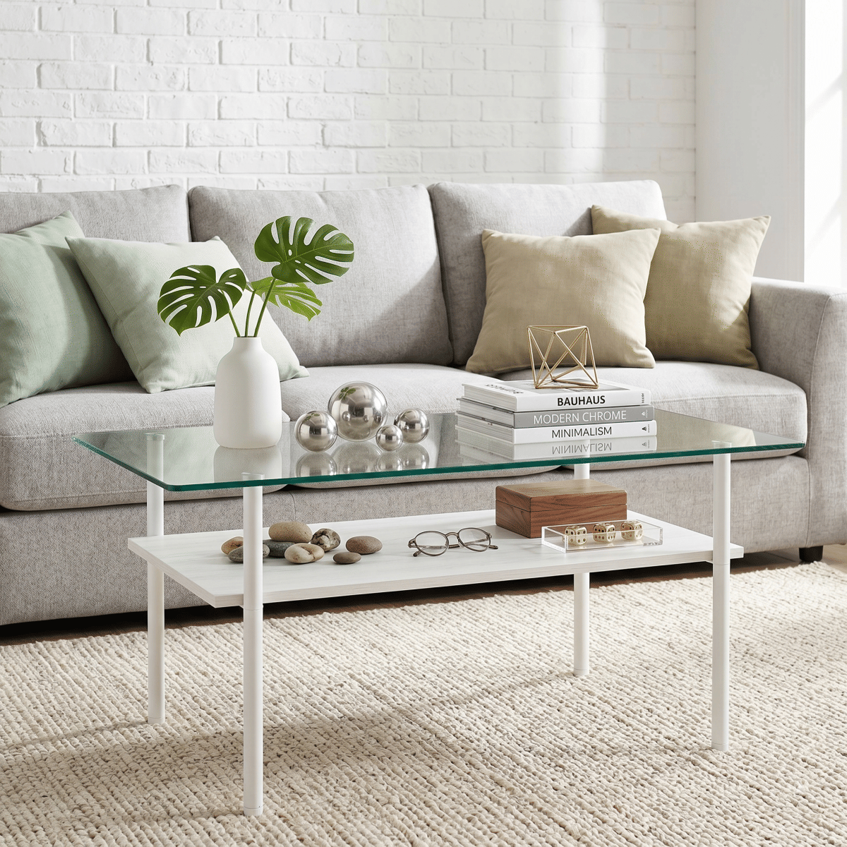 WHITE* Streamdale Modern Glass Coffee Table with Wood Shelf & White Metal Legs