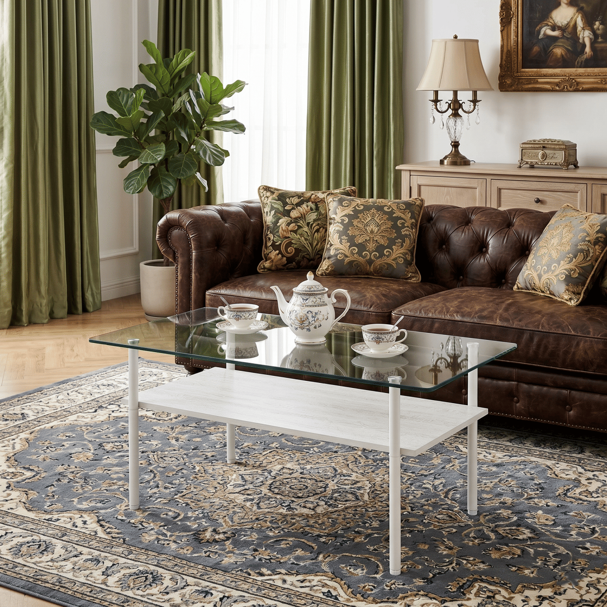 WHITE* Streamdale Modern Glass Coffee Table with Wood Shelf & White Metal Legs