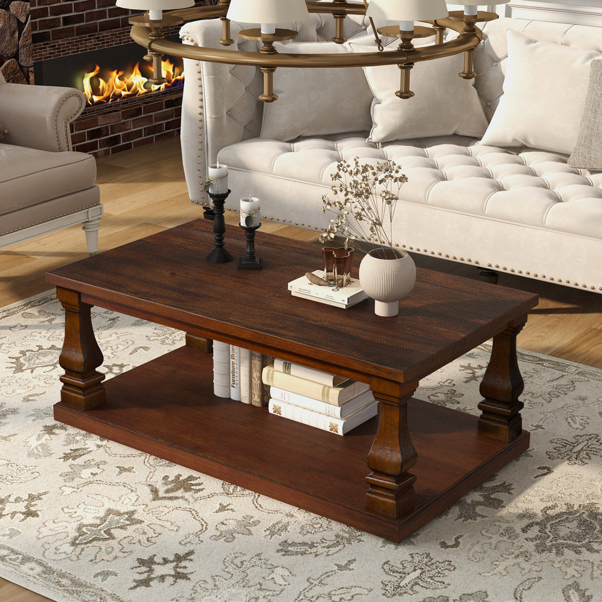 WOOD Streamdale Farmhouse 46" Rectangular Wood Coffee Table with Shelf, Walnut