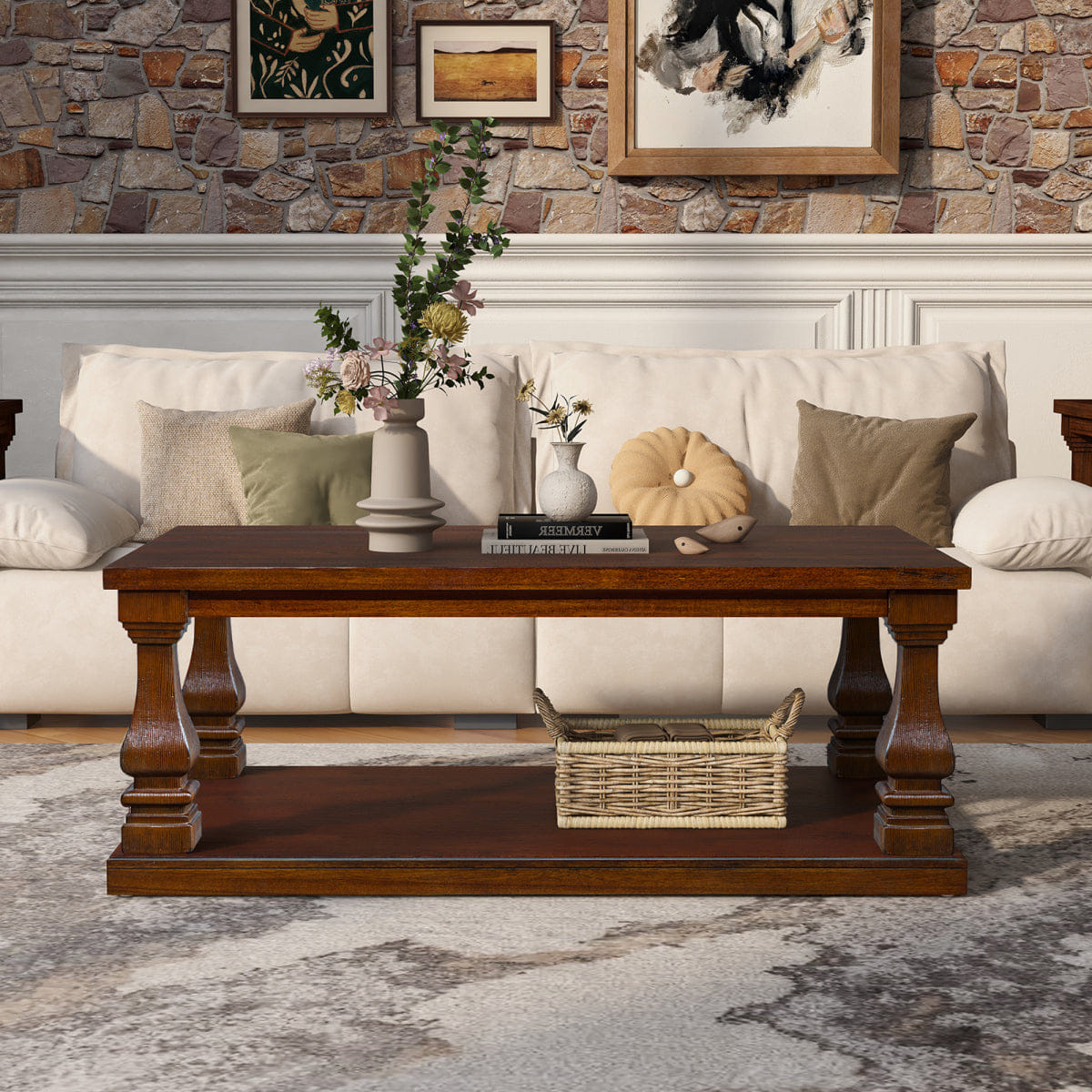 WOOD Streamdale Farmhouse 46" Rectangular Wood Coffee Table with Shelf, Walnut