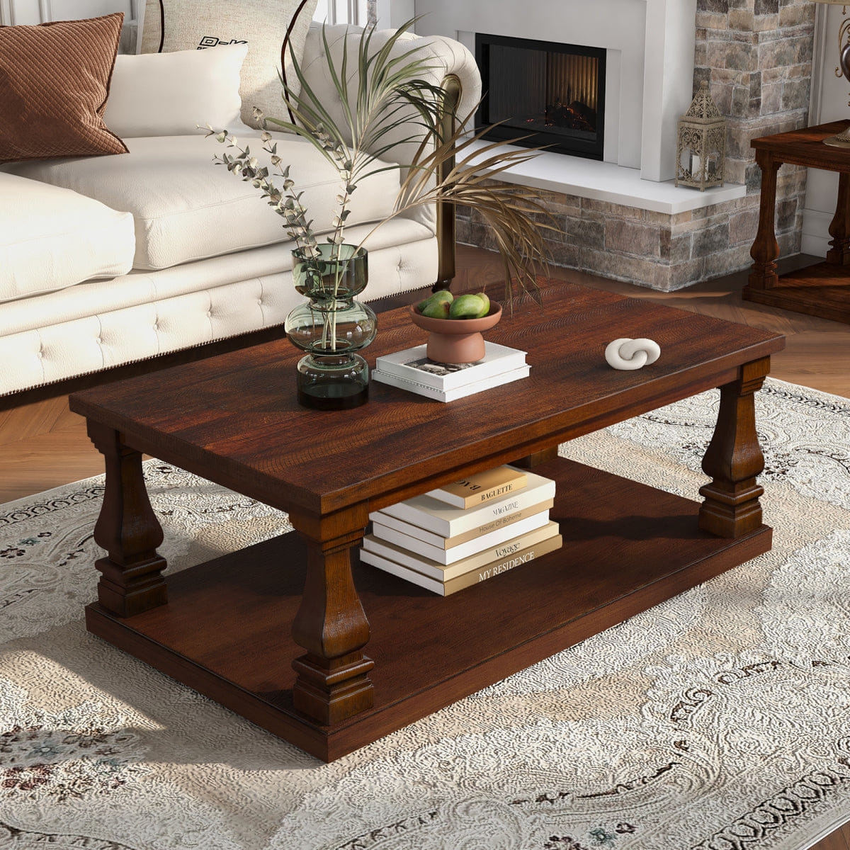 WOOD Streamdale Farmhouse 46" Rectangular Wood Coffee Table with Shelf, Walnut