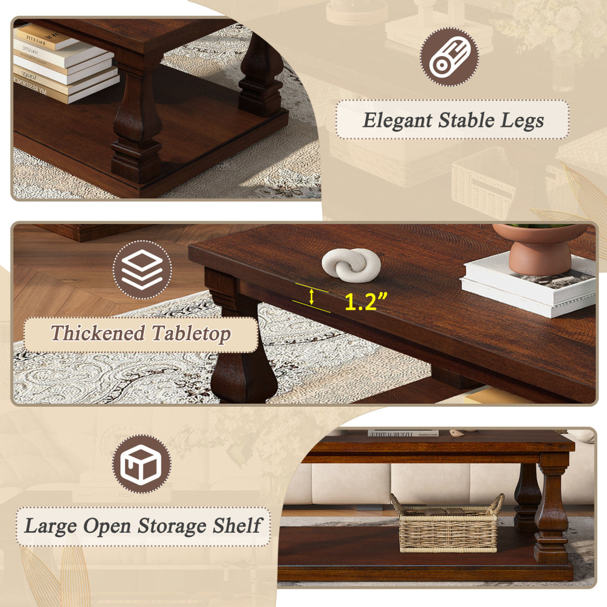 WOOD Streamdale Farmhouse 46" Rectangular Wood Coffee Table with Shelf, Walnut