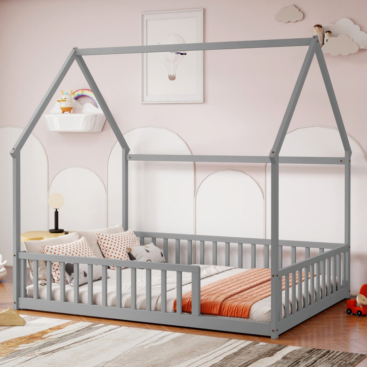 FLOOR Streamdale Full Size House Floor Bed with Roof, Guardrails, Grey