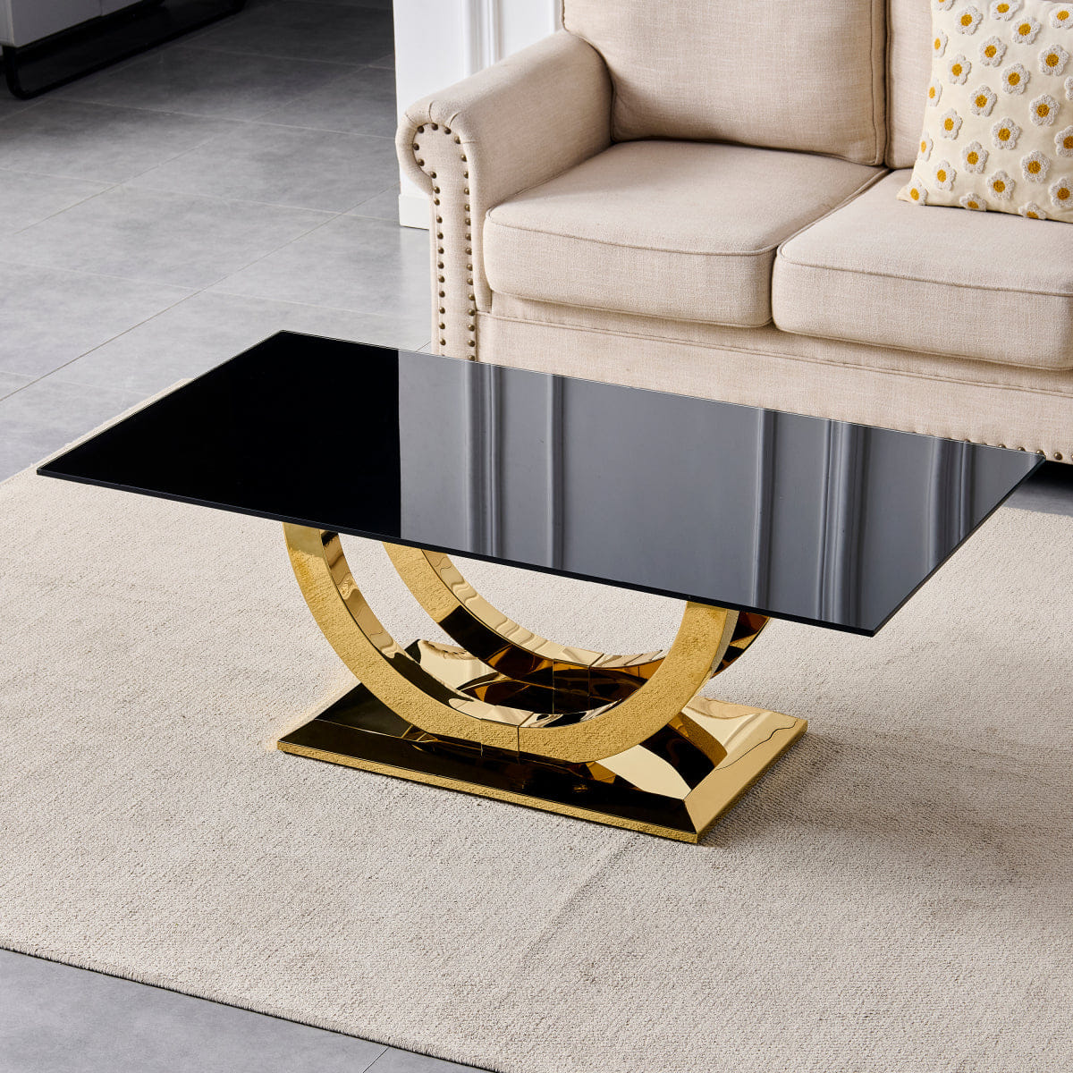 Base Streamdale Modern 50" Rectangular Coffee Table with Black Glass Top and Gold Base