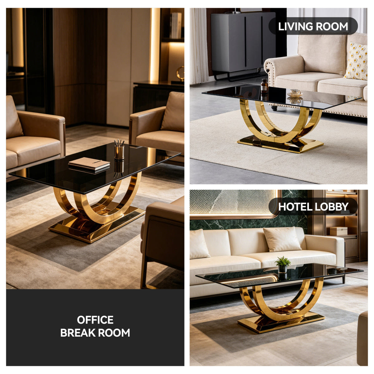 Base Streamdale Modern 50" Rectangular Coffee Table with Black Glass Top and Gold Base