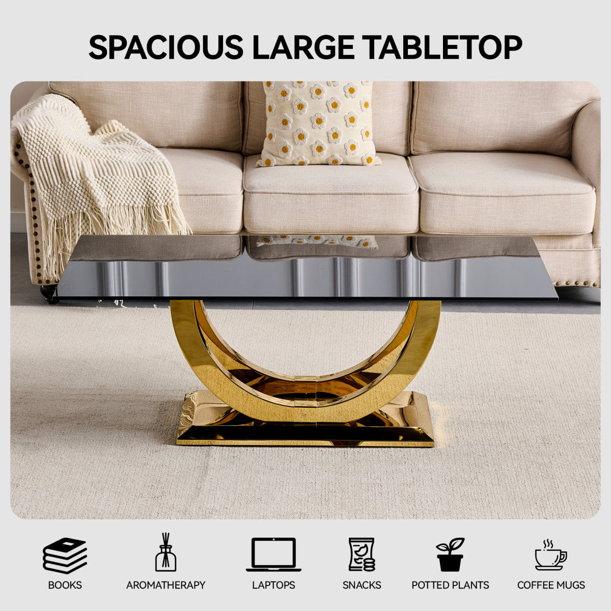 Base Streamdale Modern 50" Rectangular Coffee Table with Black Glass Top and Gold Base