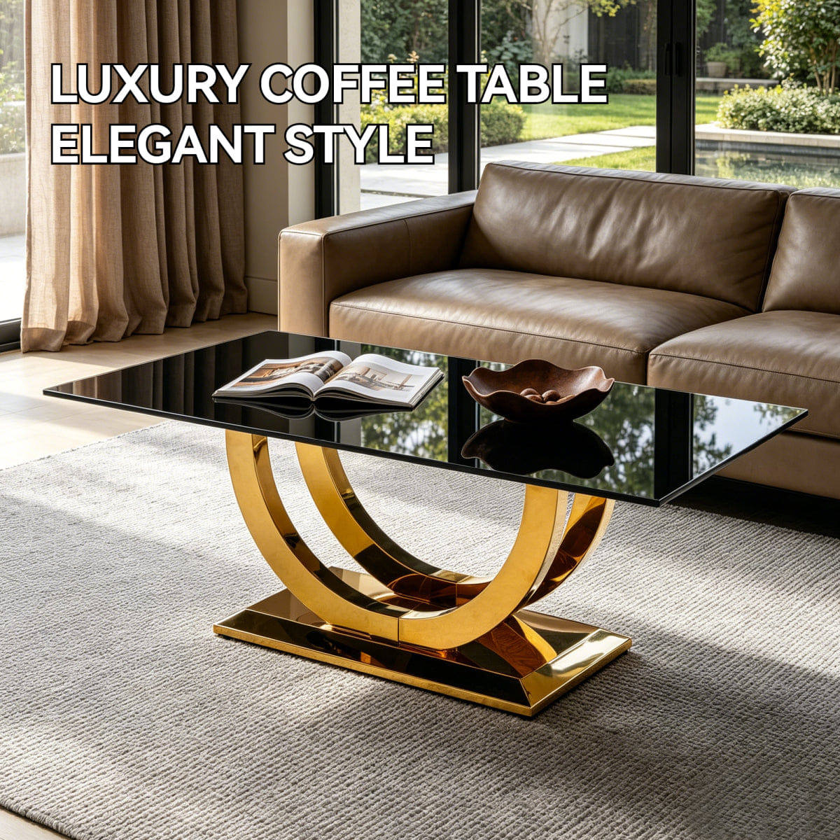 Base Streamdale Modern 50" Rectangular Coffee Table with Black Glass Top and Gold Base