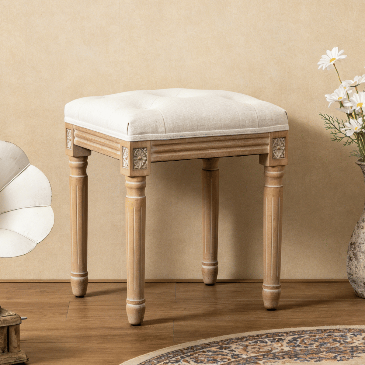 WOOD Streamdale Tufted Linen Vanity Stool with Wood Legs, Beige