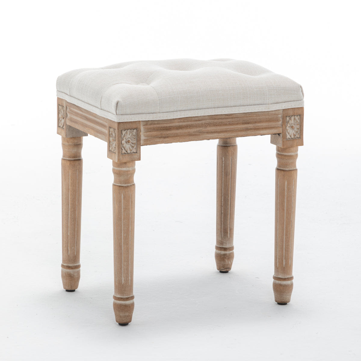 WOOD Streamdale Tufted Linen Vanity Stool with Wood Legs, Beige