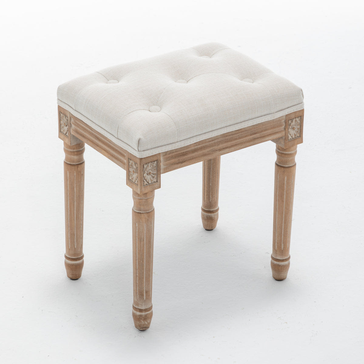 WOOD Streamdale Tufted Linen Vanity Stool with Wood Legs, Beige