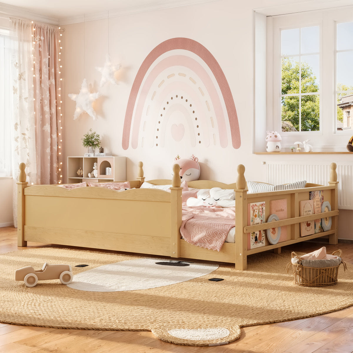 FLOOR Streamdale Queen Montessori Floor Bed with Guardrails, Bookshelf & Natural Finish