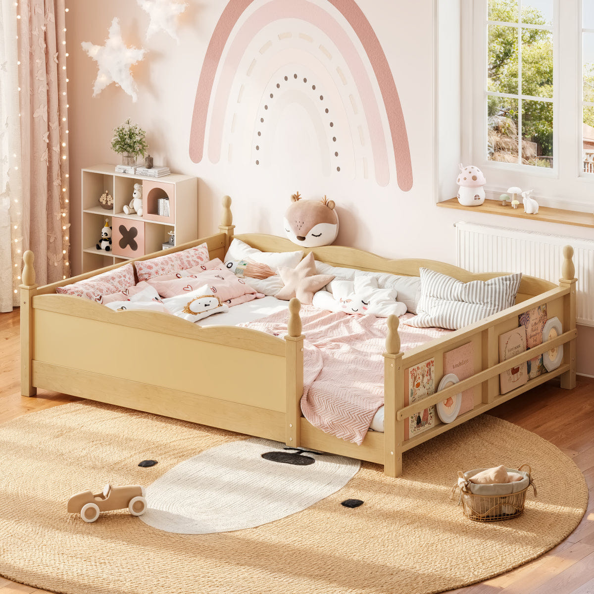 FLOOR Streamdale Queen Montessori Floor Bed with Guardrails, Bookshelf & Natural Finish