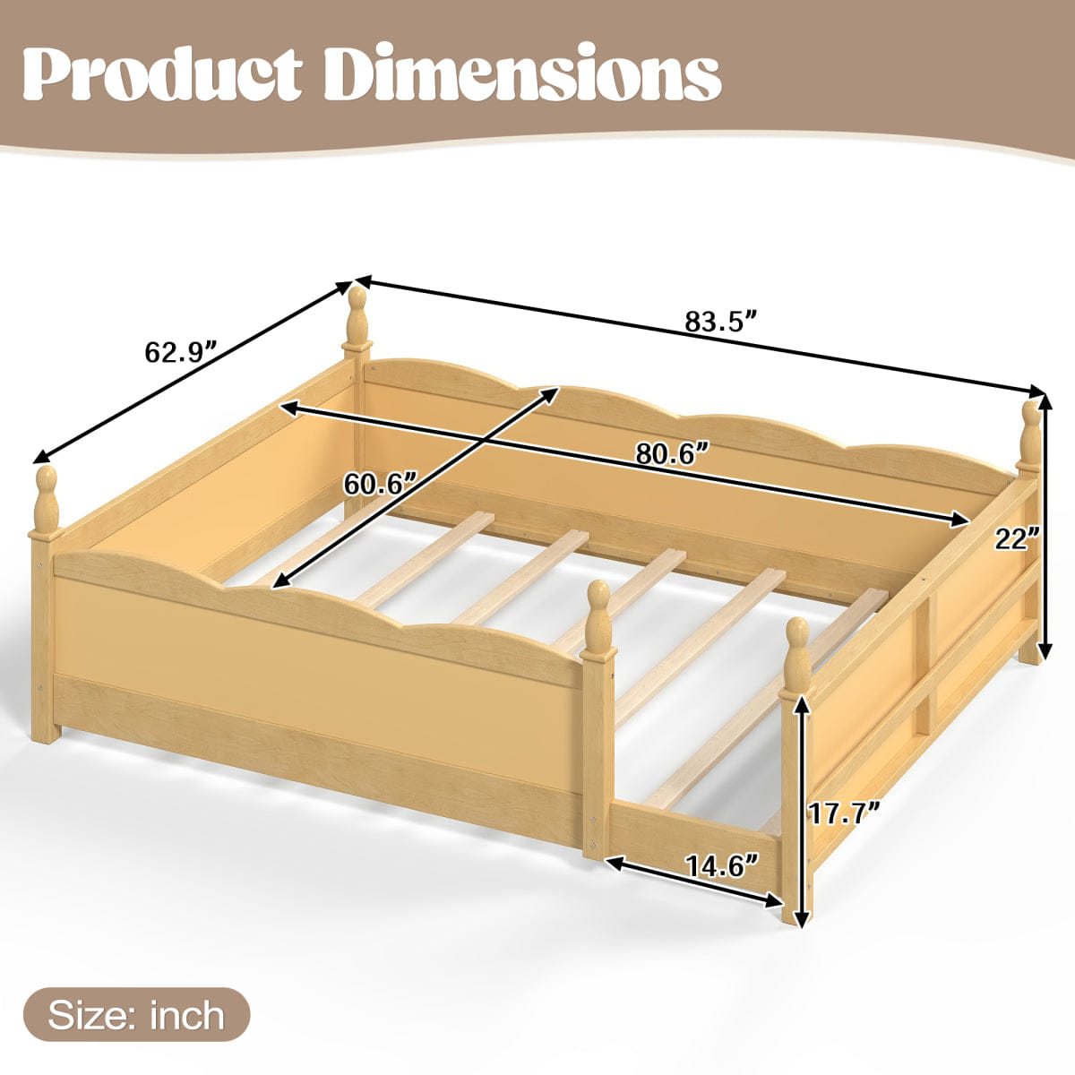 FLOOR Streamdale Queen Montessori Floor Bed with Guardrails, Bookshelf & Natural Finish