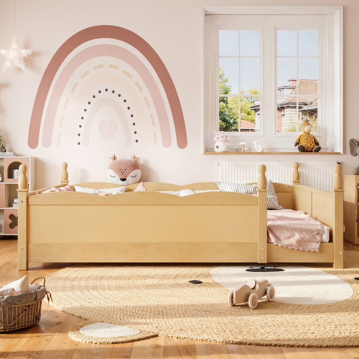 FLOOR Streamdale Queen Montessori Floor Bed with Guardrails, Bookshelf & Natural Finish