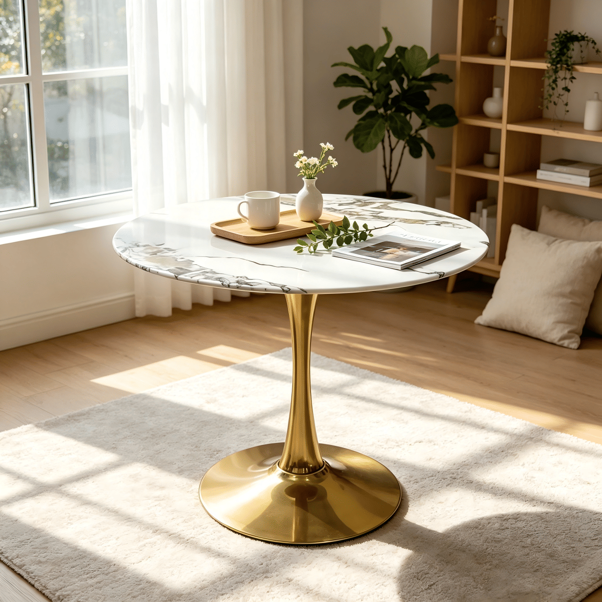 Base Streamdale 34.65" Marble Vein Tulip Dining Table with Gold Metal Base
