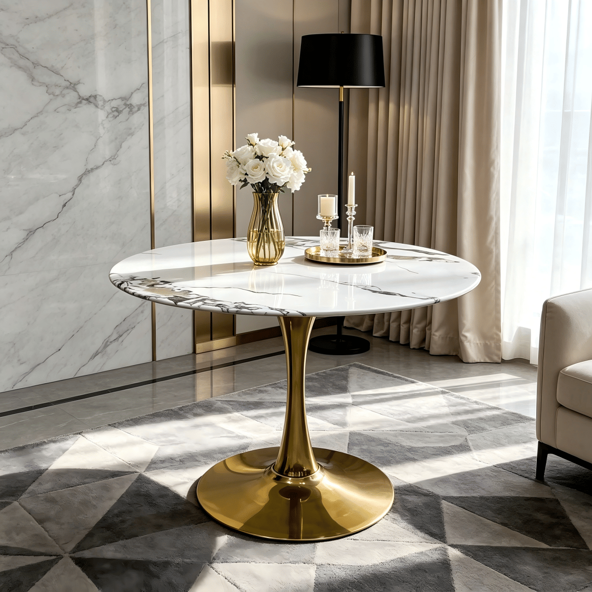 Base Streamdale 34.65" Marble Vein Tulip Dining Table with Gold Metal Base