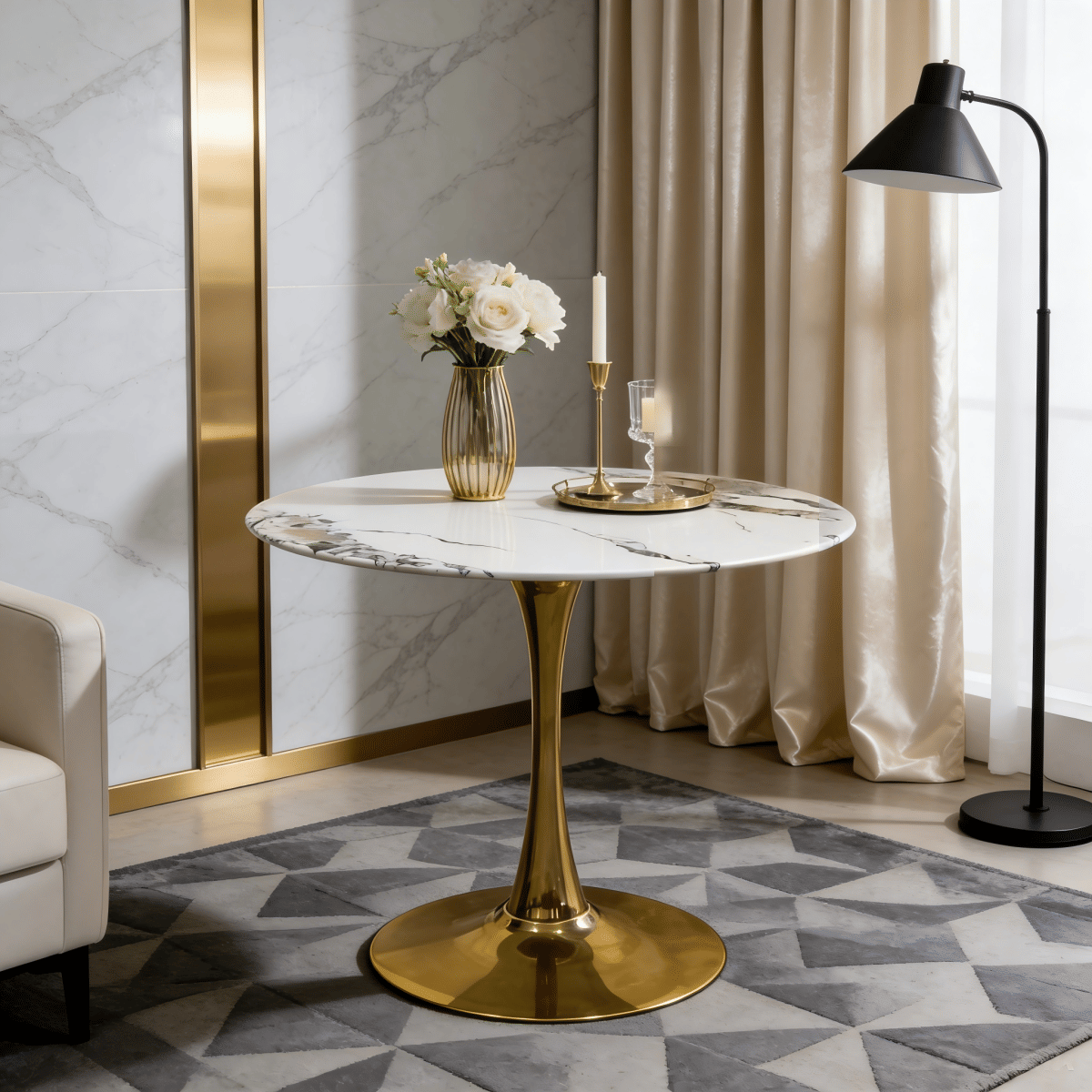 Base Streamdale 34.65" Marble Vein Tulip Dining Table with Gold Metal Base