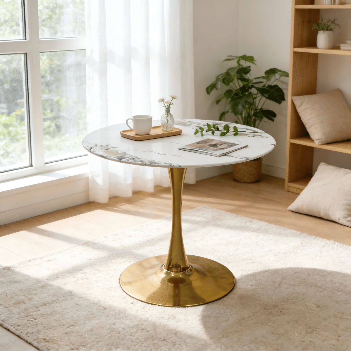 Base Streamdale 34.65" Marble Vein Tulip Dining Table with Gold Metal Base