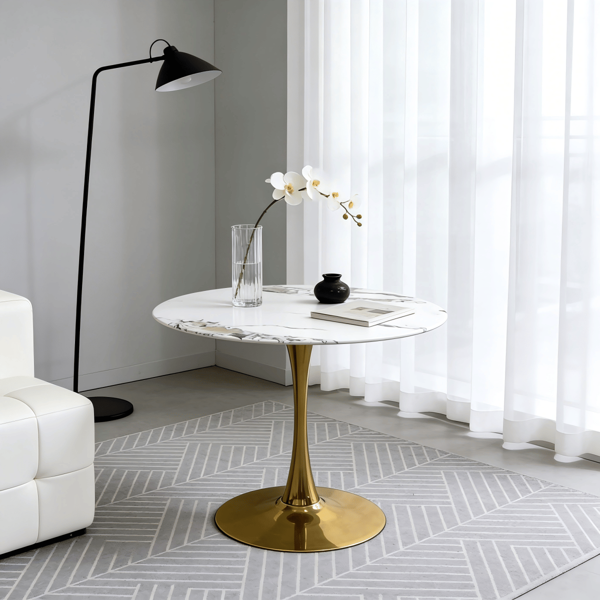 Base Streamdale 34.65" Marble Vein Tulip Dining Table with Gold Metal Base