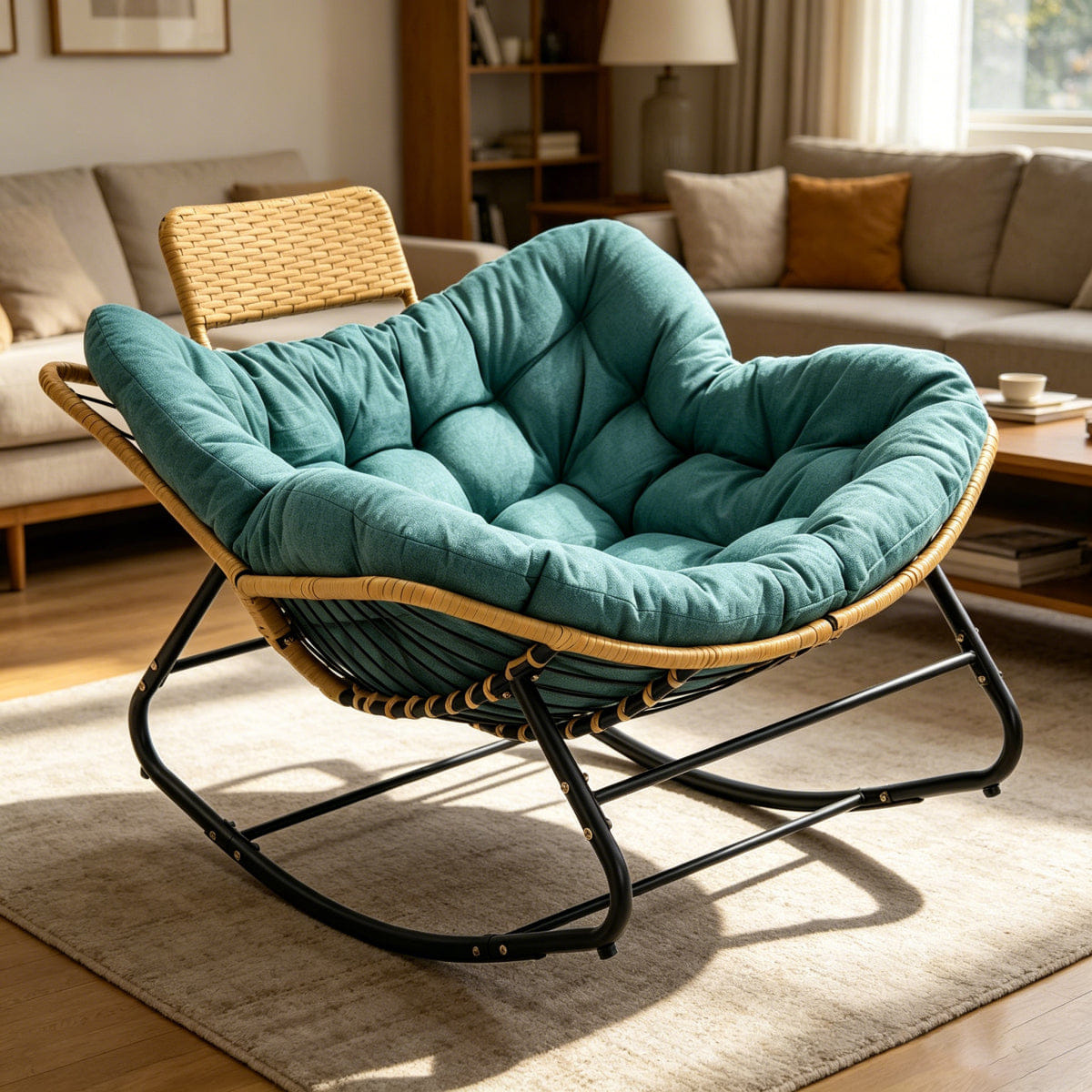 And Streamdale Oversized Papasan Rocking Chair with Thick Cushion and Rattan Pillow, Green