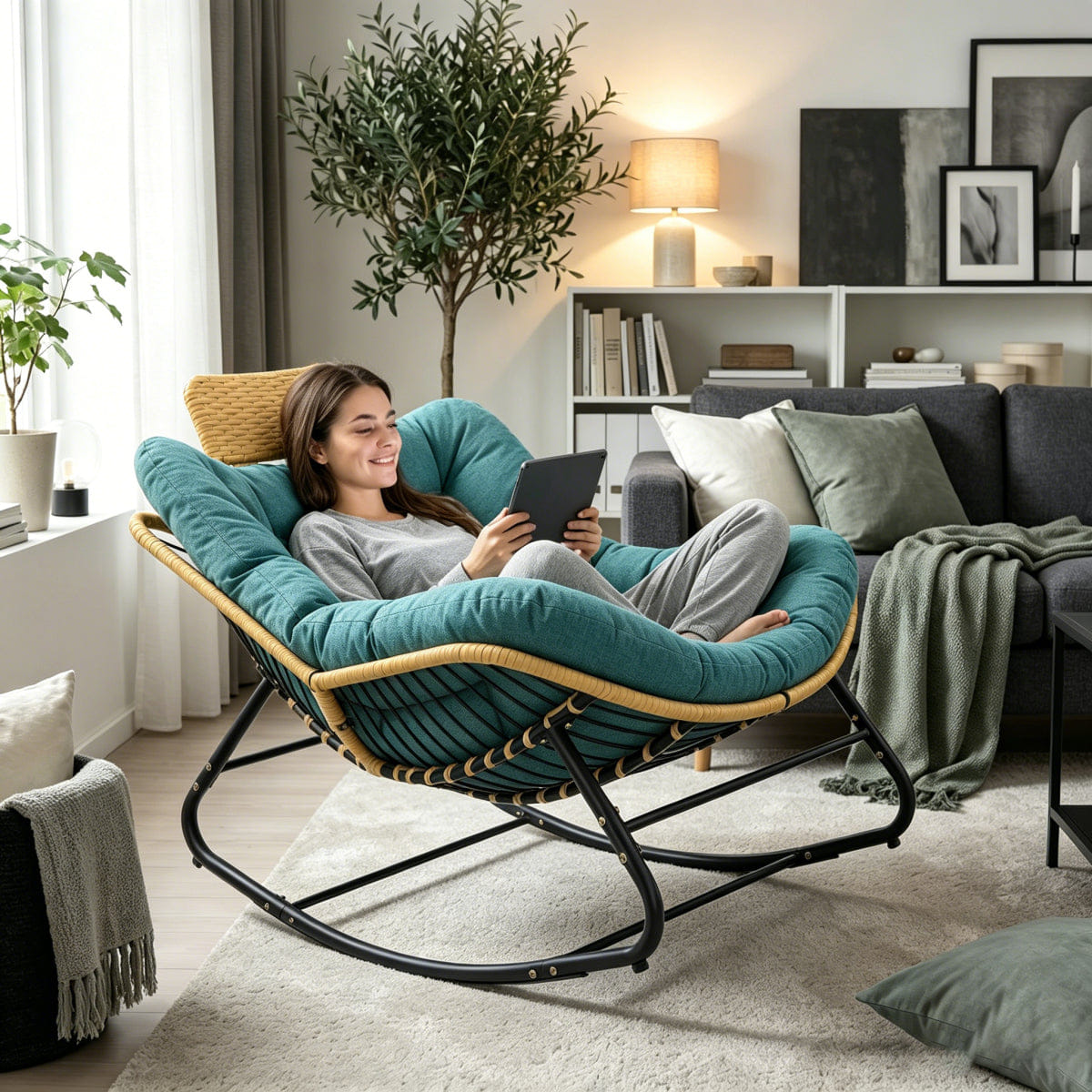 And Streamdale Oversized Papasan Rocking Chair with Thick Cushion and Rattan Pillow, Green