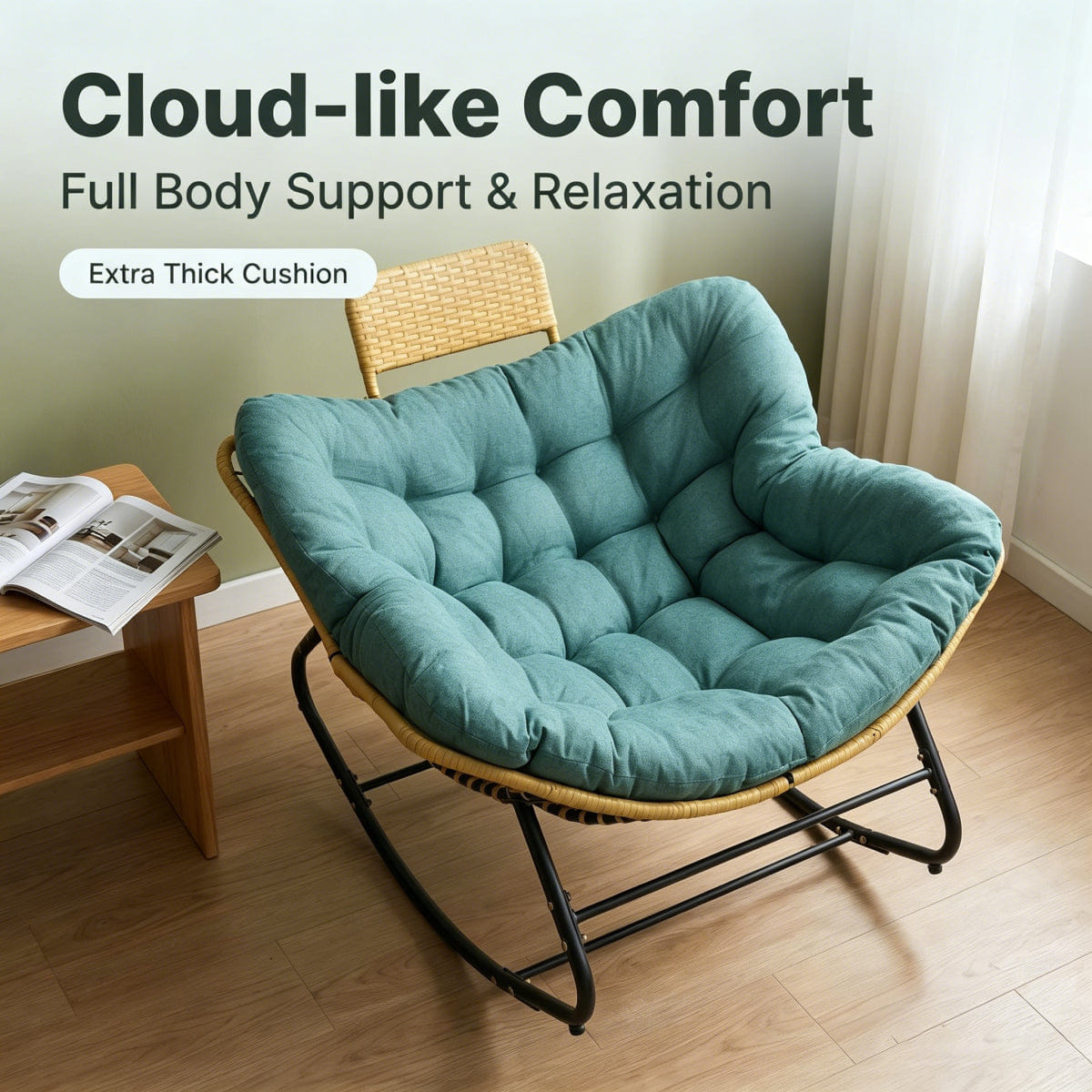 And Streamdale Oversized Papasan Rocking Chair with Thick Cushion and Rattan Pillow, Green