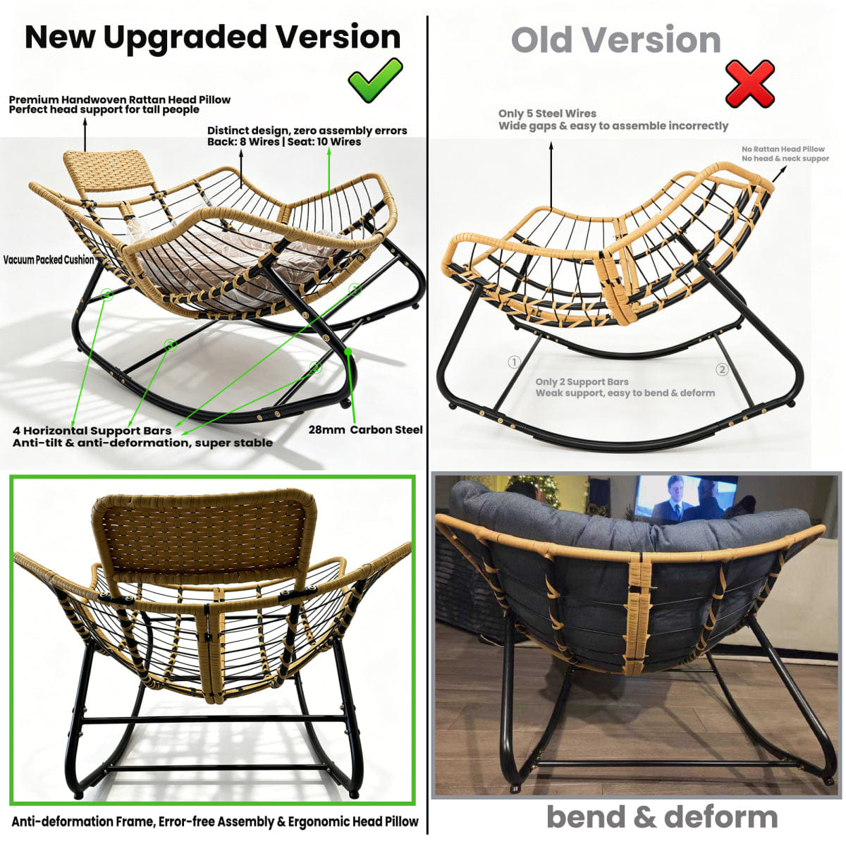 And Streamdale Oversized Papasan Rocking Chair with Thick Cushion and Rattan Pillow, Green