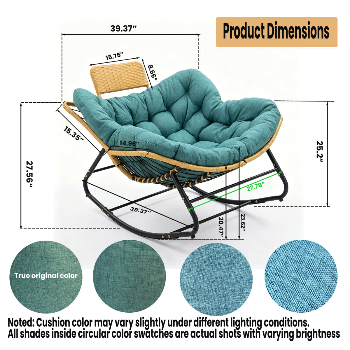 And Streamdale Oversized Papasan Rocking Chair with Thick Cushion and Rattan Pillow, Green
