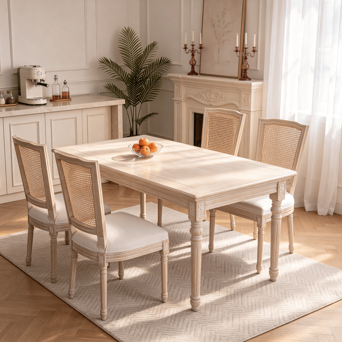 Back Streamdale French Country Upholstered Dining Chairs with Rattan Back, Set of 2, Beige