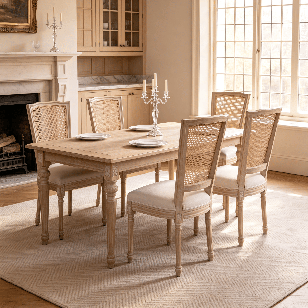 Back Streamdale French Country Upholstered Dining Chairs with Rattan Back, Set of 2, Beige
