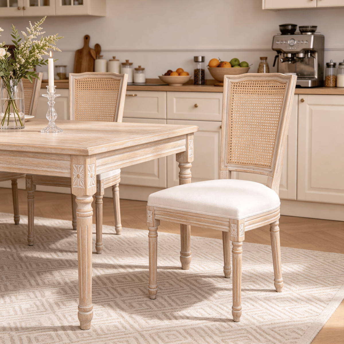 Back Streamdale French Country Upholstered Dining Chairs with Rattan Back, Set of 2, Beige