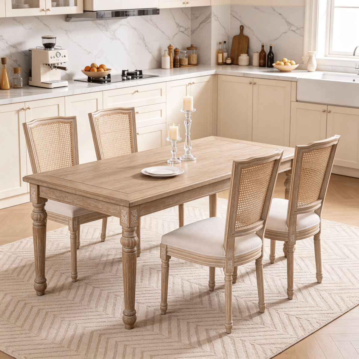 Back Streamdale French Country Upholstered Dining Chairs with Rattan Back, Set of 2, Beige