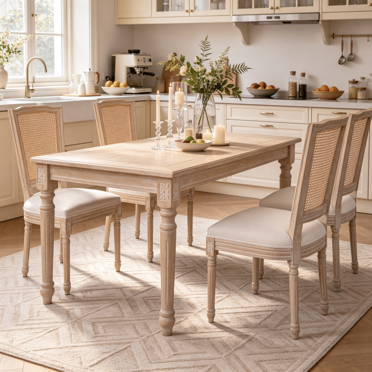 Back Streamdale French Country Upholstered Dining Chairs with Rattan Back, Set of 2, Beige