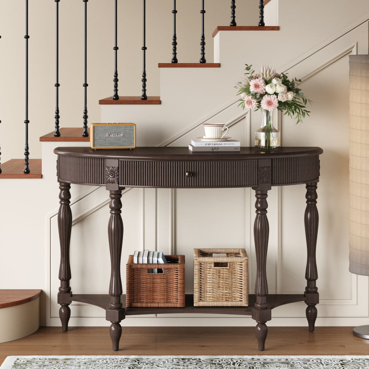 Drawer Streamdale Solid Wood Half Moon Console Table with Drawer & Shelf, Deep Rustic Brown
