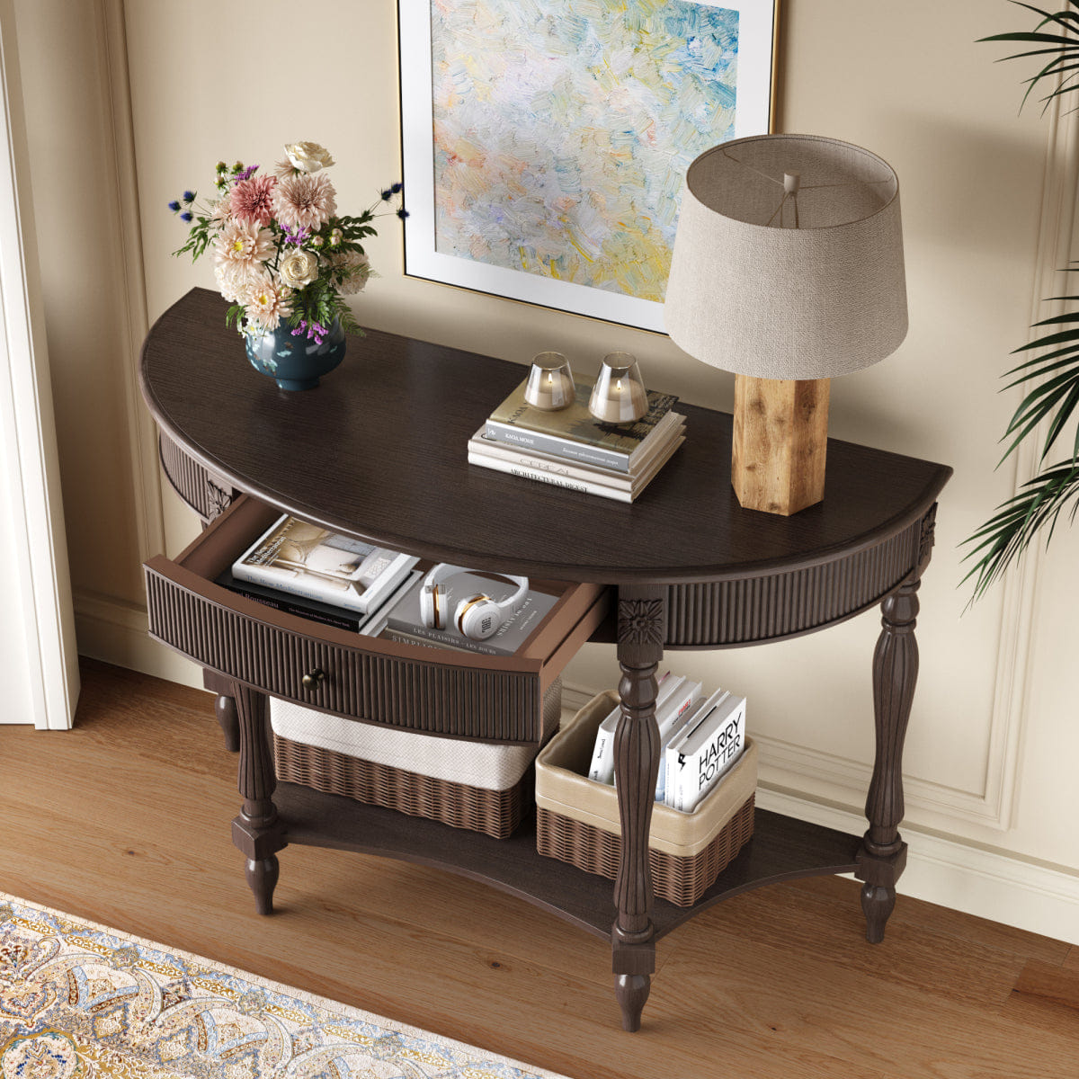 Drawer Streamdale Solid Wood Half Moon Console Table with Drawer & Shelf, Deep Rustic Brown