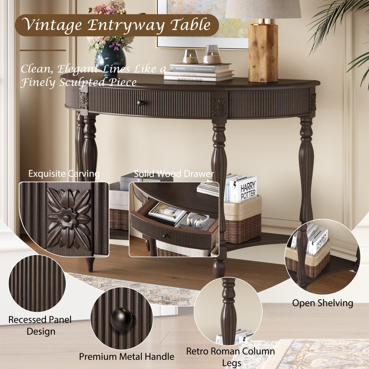 Drawer Streamdale Solid Wood Half Moon Console Table with Drawer & Shelf, Deep Rustic Brown