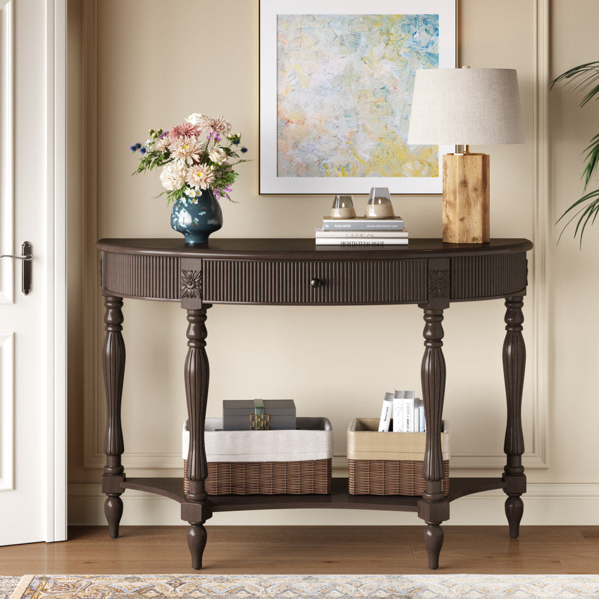 Drawer Streamdale Solid Wood Half Moon Console Table with Drawer & Shelf, Deep Rustic Brown